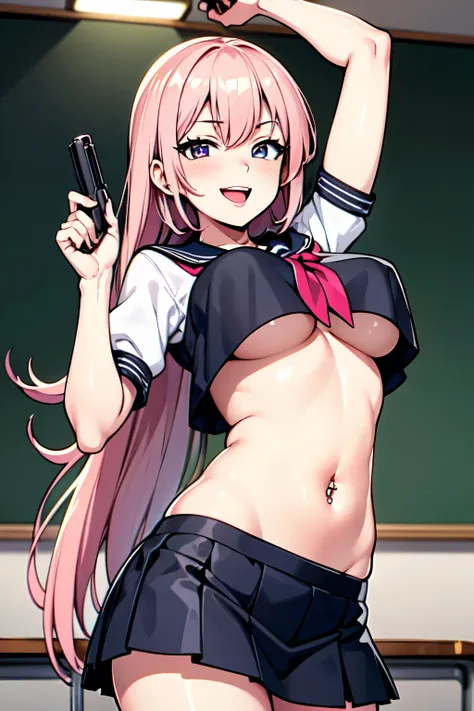 1girl, Tenebria,  (pink hair), evil, blush, lipstick, long hair, pink hair, big breast, crazy eyes , masterpiece, best quality, highly detailed, a anime girls in sailor uniforms with a gun posing for a picture,
evil smile, smile, open mouth,black_serafuku,...