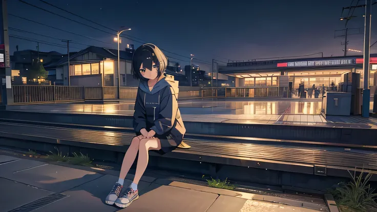 Masterpiece、Beautiful light、night、Waiting for the train on the platform at Kasukabe Station、Cute girl sitting on a bench、Short Bob、Black Hair、hoodie、Shorts、sneakers、I have headphones on、Sadness atmosphere、The station name is Kasukabe Station、There is a sig...