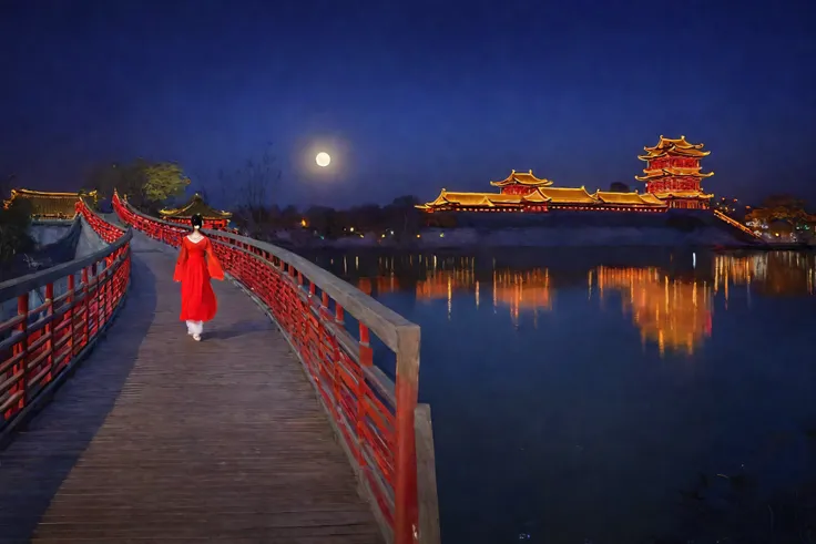 Girl in red walking on the bridge at night, blue sky white moon chinese architecture, Guangjian, Dreamy Chinatown, girl, night, Tang Dynasty Palace, Chinese Palace, Beautiful rendering of the Tang Dynasty, 1 illuminated bridge across the river, Magical col...