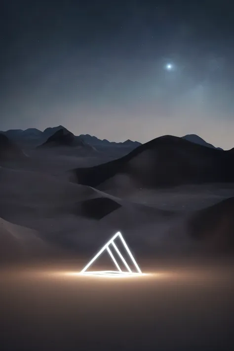 a vast desert at night with floating geometric light objects, creating a surreal and serene atmosphere. inspired by reuben wu's ...