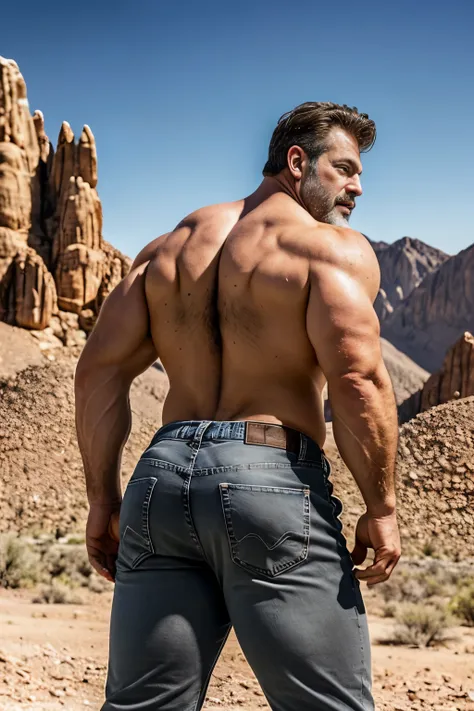 Mature man, very handsome, best quality, adventurer, gray jeans, hairy chest , masterpiece, super high resolution, detailed background, reality, , single, 1 boy, muscle man, beard, desert, desert, mountain, muscle, facial hair, volumetric lighting, depth o...