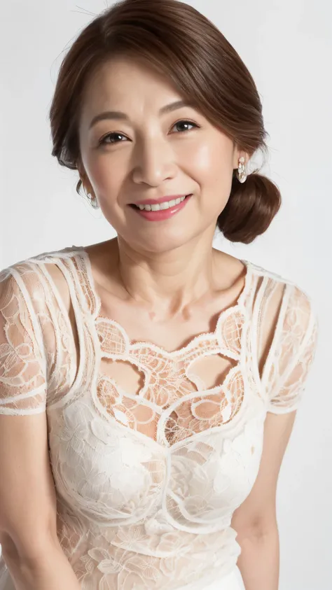 ((Face close-up)), Late Elderly, Perfect composition, ((Fractal Art)), (((masterpiece))), 8k, Clear images, (((alone))), (((Asian Beauty))), Pure white background, Natural Hair Color, Hands behind back, Refreshing early summer outfit, Alluring, ((Elderly))...