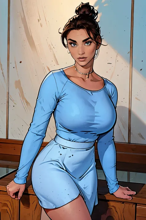 Gorgeous and sultry busty athletic (happy) brunette with sharp facial features, athletic bun, large breasts wearing a loose light blue top, low-cut wide neck, loose sleeves, white skirt
