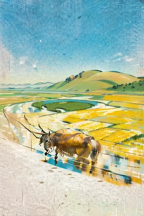 draw a background picture for the grain in ear poster，aerial view，a plowing ox plows the paddy field，the blue sky is reflected o...