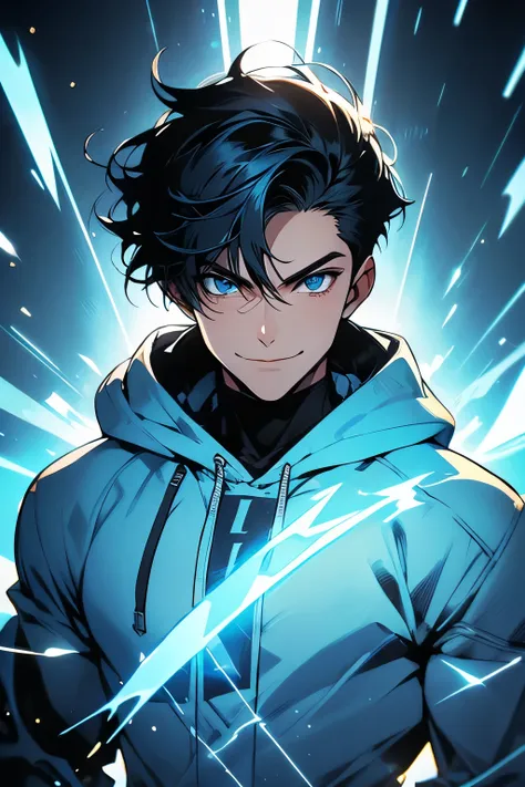 Short Black haired man with light blue eyes having electric powers. Wearing white and gold hoodie. He is smiling