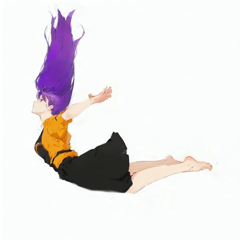 A girl with purple hair and violet hair sits on the ground, she floats in the air, Dramatic Magic Floating Pose, spectacular floating pose, long orange hair, floating in the air, a little orange and purple, jump pose, a little purple and orange, hovering a...