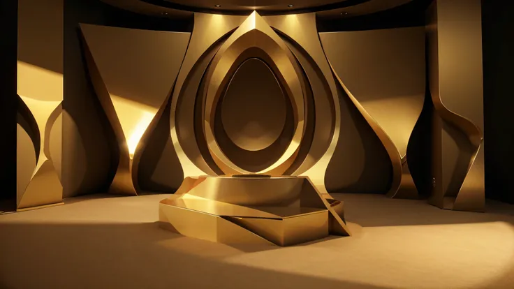 a 3d background of 3d abstract shapes in simetrical shapes from the center of the image, one podium in the center, with bright bronze color in high definition