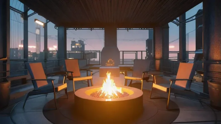 there are four chairs around a fire pit in a room, inspired by Mike Winkelmann, set in tokyo rooftop, rendered in unreal engine 4k hq, rendered in unreal engine 4 k hq, render unreal engine-h 704, render unreal engine - h 7 0 4, cyberpunk interior, fire, b...