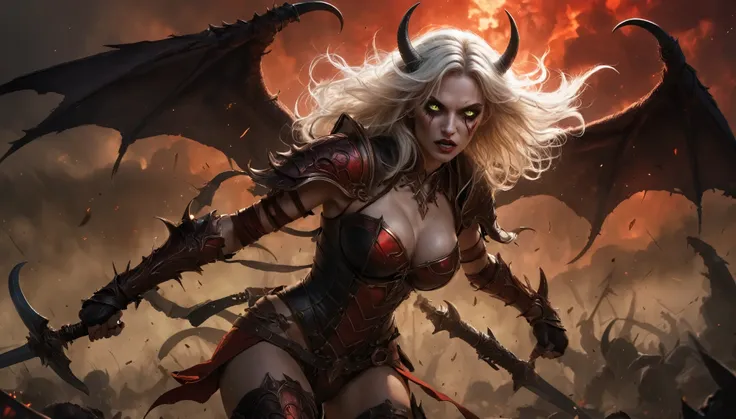 Illustrate a stunning movie poster for an epic fantasy trailer featuring Callizto, a night elf demon hunter. She is depicted with a fierce expression,White long hair, Black demon horns, red demon wings, her green eyes piercing through the darkness. large b...