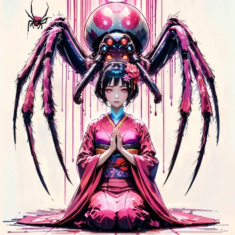 japanese kimono girl. praying girl. pink eyed girl. giant spider behind the girl. pink spider aura. phantom spider. hanging spid...