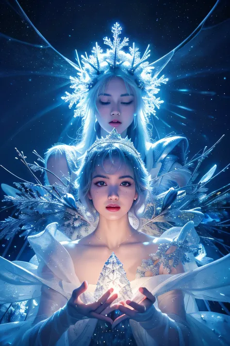 snowstyle, ethereal fantasy concept art of {(Glistening snow fairies adorned with icicle crowns twirled through the air, transforming frosty breath into enchanted snowflakes. A winter ballet unfolded as they crafted a crystalline palace for a grand Christm...