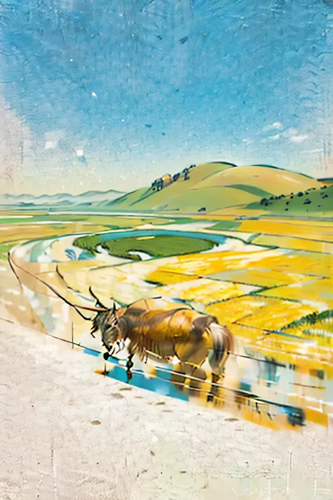 draw a background picture for the grain in ear poster，aerial view，a plowing ox plows the paddy field，the blue sky is reflected o...