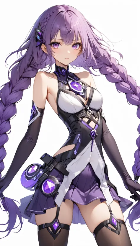 cryptic_g,gloves,looking at viewer,purple eyes,simple background,white background，cryptic_g,1girl,bare shoulders,braid,elbow gloves,gloves,long hair,purple eyes,solo,thighhighs,twin braids,very long hair