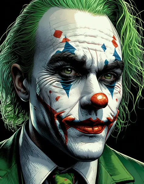 (extreme close-up of face:1.5), ((the joker:1.5)), highly detailed, 8k, photorealistic, dramatic lighting, cinematic, chiaroscur...