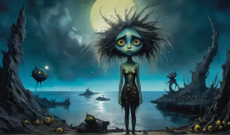 Chalcopyrite Mermaid,moana,golden black make up,longhair,goblin,freckles,pretty face,eyebrow up,full body shot,ominous landscape,glate gray atmosphere,Simon Stalenhag,Nicola Samori,Wangechi Mutu,prime colors,Lisa Frank, ,urban,extremely detailed, [night la...