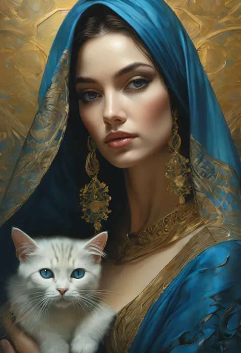 uma pintura a óleo de close-up of a Woman holding a little cat in her arms, wearing a blue veil, ricamente bordado em dourado, veil, pintura detalhada 4k; com olhos encantadores, karol bak uhd, por Tom Bagshaw e Boris Vallejo, mulher e gato, a mulher veste...