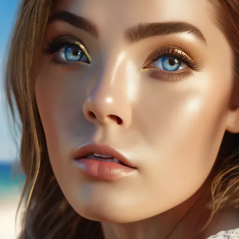 a lovely woman, close-up of face, beautiful detailed eyes, beautiful detailed lips, extremely detailed eyes and face, long eyelashes, warm spring day, beach, ocean, blue sky, sunlight, golden hour, dreamy, romantic, soft lighting, cinematic, elegant, grace...