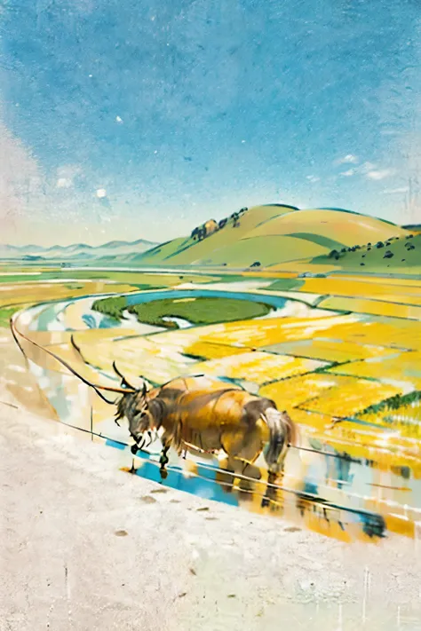 draw a background picture for the grain in ear poster，aerial view，a plowing ox plows the paddy field，the blue sky is reflected o...