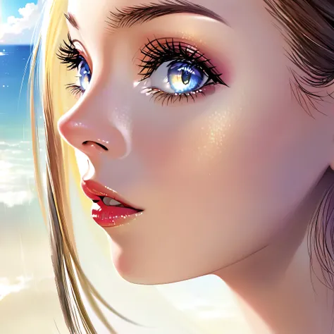 a lovely woman, close-up of face, beautiful detailed eyes, beautiful detailed lips, extremely detailed eyes and face, long eyelashes, warm spring day, beach, ocean, blue sky, sunlight, golden hour, dreamy, romantic, soft lighting, cinematic, elegant, grace...