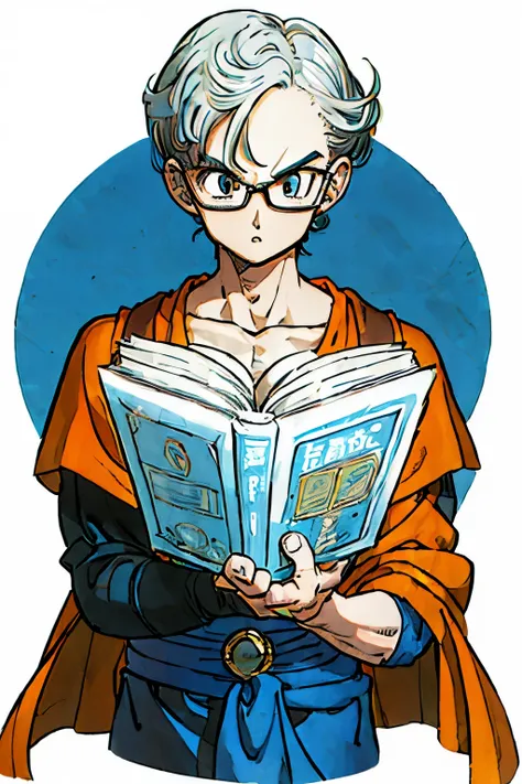 ((One Man:1.5)), serious personality, good-looking young man with glasses, upper body fully visible, cropped hair, plain white background, silver hair color, holding a book in one hand, Dragon Quest-like clothes