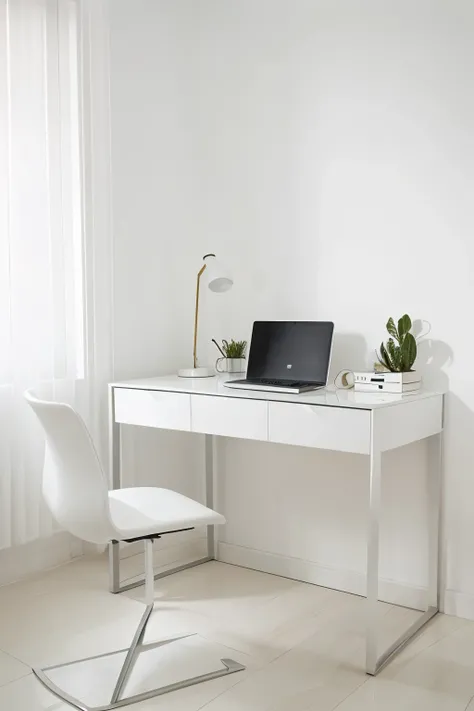 home office with minimalist decor, uma garota, white table white chair and minimalist decor details