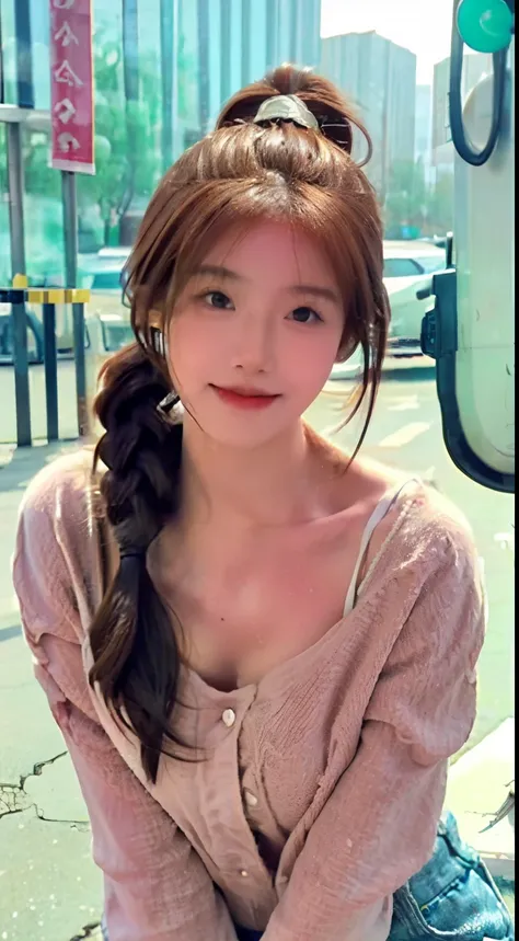 1 pretty girl，Wet clothes,nippleeer,white skinned，brown  hair，shorter pants，looking at viewert，pony tails，Cafe，Brown eyes，Realistis，bend over posture，Bigchest，huge tit，ssmile，low chest