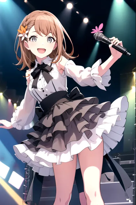 minori3rd, looking at viewer, smile, open mouth, skirt, shirt, hair ornament, bow, ribbon, holding, bare shoulders, jewelry, medium breasts, standing, white shirt, braid, hair bow, boots, frills, sleeveless, shiny, collared shirt, belt, armpits, vest, high...