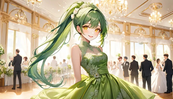 panoramic, (happy wedding reception style) (beautiful make-up) (solo ponytail green hair long hair lovely bride girl, beautiful yellow eyes, Rouge lipstick, love smile), (15 yo), (in a  immensely silk:1.2 green detailed dress), BREAK, (in the wedding recep...