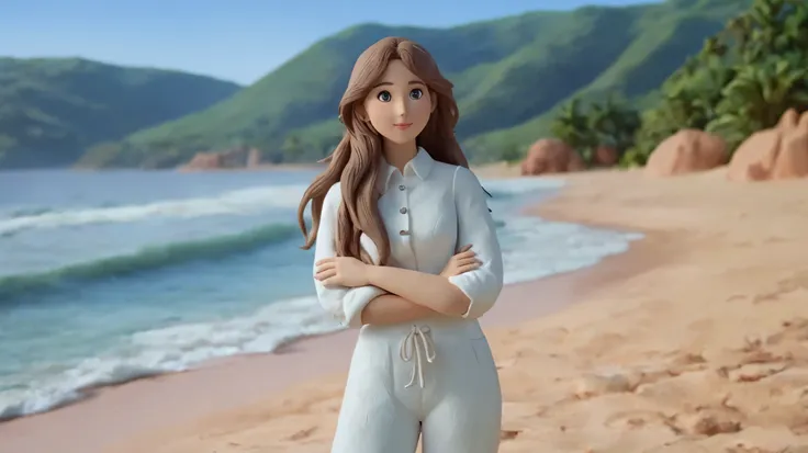 long-haired girl in white clothes on the beach，clay style，cartoon
,clay animation, clay,