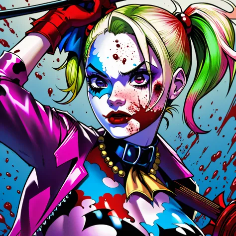 Batman foe Harley Quinn has just finished beating someone to death with a ball bat, blood spatter on her face, set in a bank, close up on her face