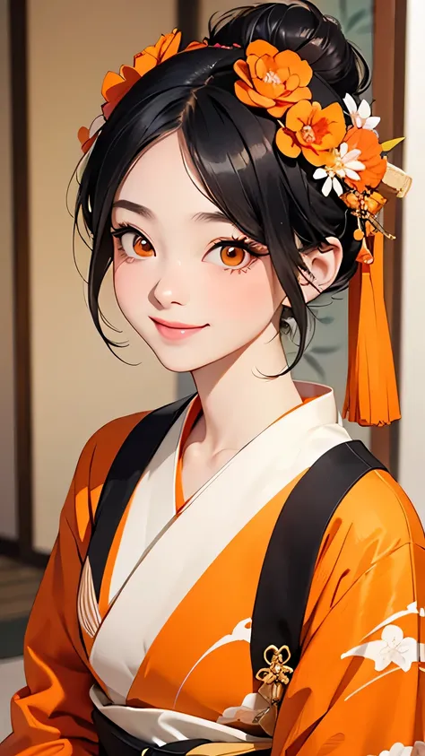 highest quality、Realistic、Women、zoom、cute、Orange Eyes、black hair、Bun Hair、kimono、smile、Looking down、smile、Bust Shot、　