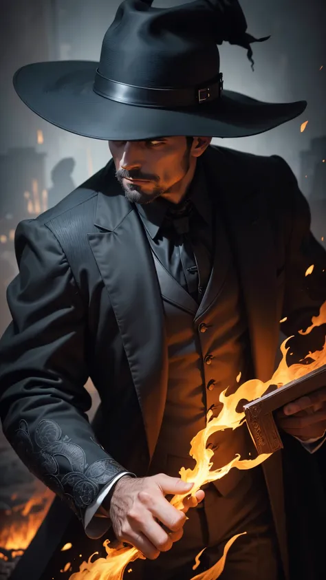 a man in a wide black hat and black suit from the dark ages, able to manipulate fire, intricate details, dark moody lighting, chiaroscuro, cinematic composition, dramatic atmosphere, masterpiece, photorealistic, 8k, highest quality