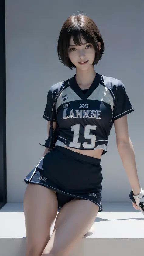 (Clothing:2.0, Lacrosse Uniforms:2.0), (Lacrosse court:1.5), (Wet:1.5), ((A grin:1.2, short hair:1.5, With bangs:1.5, slender:1.5, Small Ass:1.5)), ((Japanese, 1 Girl, 18-year-old, 7 heads, Ideal body proportions, Black Hair, With bangs, Small breasts, Ere...