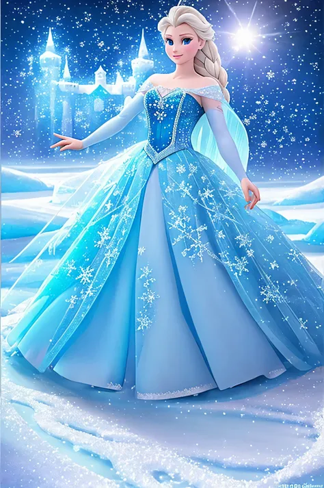 woman Princess ELSA Frozen Disney, "Waleisy” in high definition, 3D original color, snow background, 3D rendering, photo, painting, poster, anime, full body, long dress to the feet, on ice floor