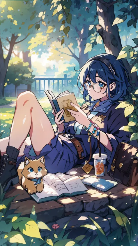 anime style, cool and edgy, A teenager lounging in a park, reading a book with a 2014 Tumblr aesthetic, surrounded by nature and wearing accessories like round glasses and vintage bracelets. The scene is peaceful and idyllic. Daylight, soft focus, serene a...