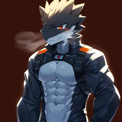 Thin macho　western black dragon　　abs　　　　　Hollow abs　　body suit　　thick arms　　　chest rig　　　、sweaty　　　skin glow　　profile　　Wearily　short of breath　　  　Chemo shota
jacket