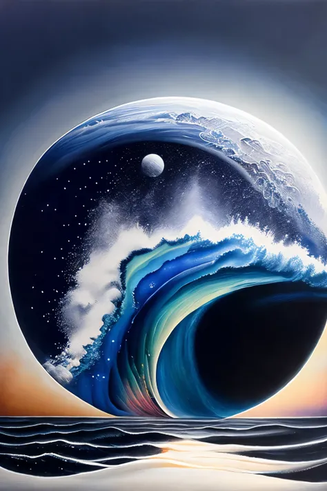 best quality, super fine, 16k, masterpiece, RAW photo, photorealistic, A three-dimensional depiction of undulating oil paintings, fusion of watercolors and oil paintings, combination of monochrome and color, the ocean and the galaxy universe in the big ful...