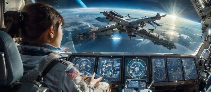 Advertising photo, zoom out wide shot, highly detailed us spaceship interior, with a female in spaceship pilot uniform sitting alone at front of control cockpit, holding a cup of coffee, looking through a big wide window overlooking a gigantic space statio...