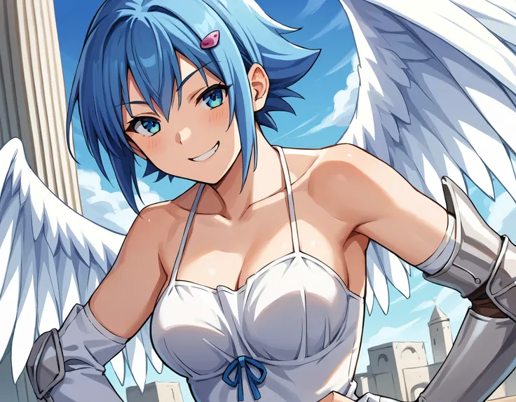 score_9, score_8_up, score_7_up, score_6_up, score_5_up, score_4_up, BREAK source_anime, masterpiece, 1girl, short hair, blue hair, hairpin, asymmetrical wings, angel wings, white dress, elbow gloves, armor, greaves, greek temple, outdoors, smug, evil smil...