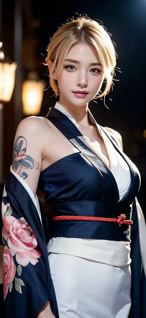 glasses、noble kimono、kimono、blue eyes、firework、blonde、tattoos all over the body、sexy face、short hair、more than one person、((thre...