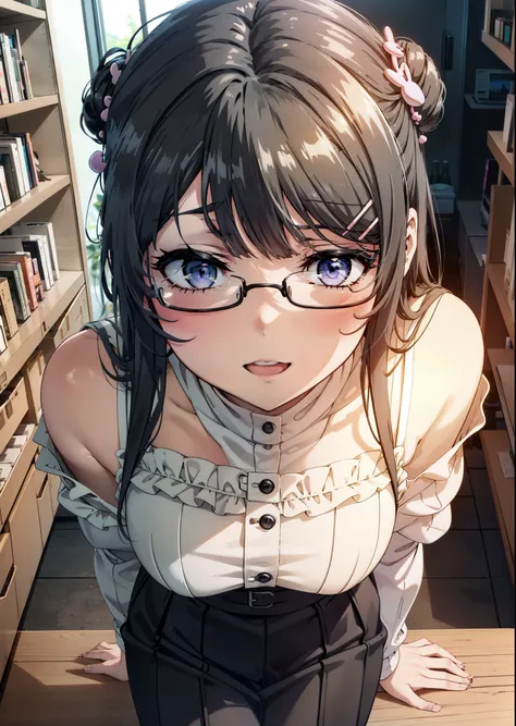 maisakurajima, Mai Sakurajima, Long Hair, bangs, (Black Hair:1.5), hair ornaments, (Purple eyes:1.1), Hair Clip, rabbit hair ornaments,Hair Bun, single  Hair Bun,Cold shoulder tops,Long skirt,Stiletto heels,Black-rimmed glasses,happy smile, smile, Open you...