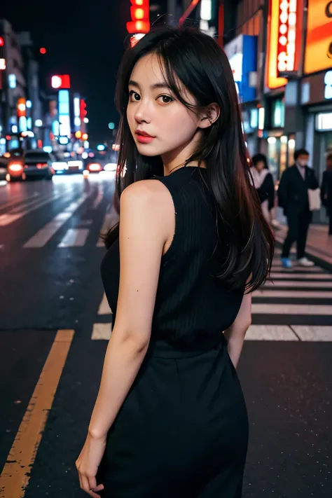 1girl, Tokyo street,night, cityscape,city lights, whole body,close-up, 8k, RAW photo, best quality, masterpiece,realistic, photo-realistic, cinematic