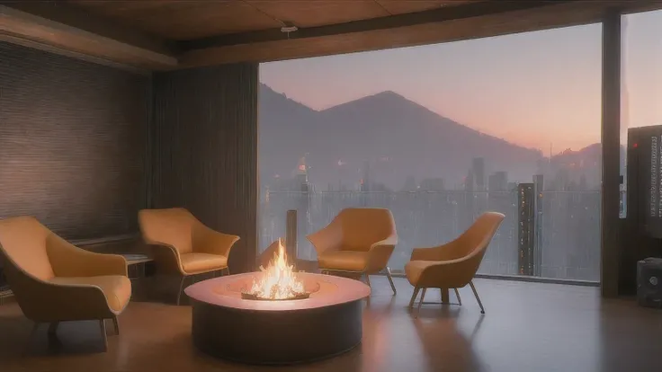 there are four chairs around a fire pit in a room, inspired by Mike Winkelmann, set in tokyo rooftop, rendered in unreal engine 4k hq, rendered in unreal engine 4 k hq, render unreal engine-h 704, render unreal engine - h 7 0 4, cyberpunk interior, fire, b...