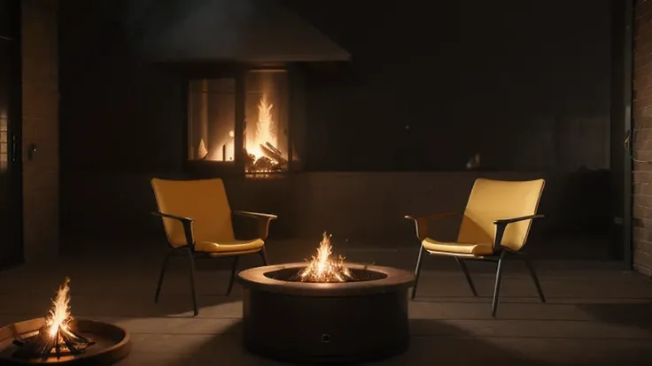 there are four chairs around a fire pit in a room, inspired by Mike Winkelmann, set in tokyo rooftop, rendered in unreal engine 4k hq, rendered in unreal engine 4 k hq, render unreal engine-h 704, render unreal engine - h 7 0 4, cyberpunk interior, fire, b...