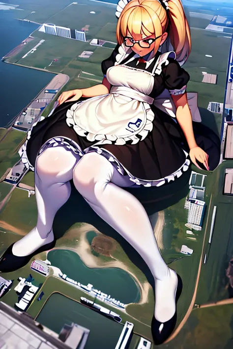 giantess art, highly detailed giantess shots, giantess, Two legs, Five fingers, short hair, A beautiful girl who is bigger than any skyscraper, Wearing rimless glasses, Big Breasts, Maid clothes, Black Pantyhose, black pantyhose, no shoes on, toes visible ...