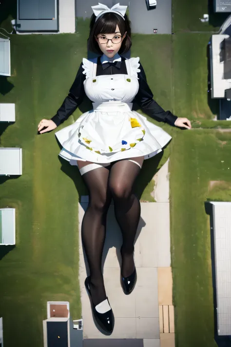 giantess art, highly detailed giantess shots, giantess, Two legs, Five fingers, short hair, A beautiful girl who is bigger than any skyscraper, Wearing rimless glasses, Big Breasts, Maid clothes, Black Pantyhose, black pantyhose, no shoes on, toes visible ...