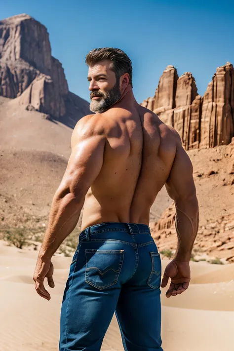 mature man, very handsome, best quality, adventurer,  jeans, hairy chest , masterpiece, super high resolution, detailed backgrou...