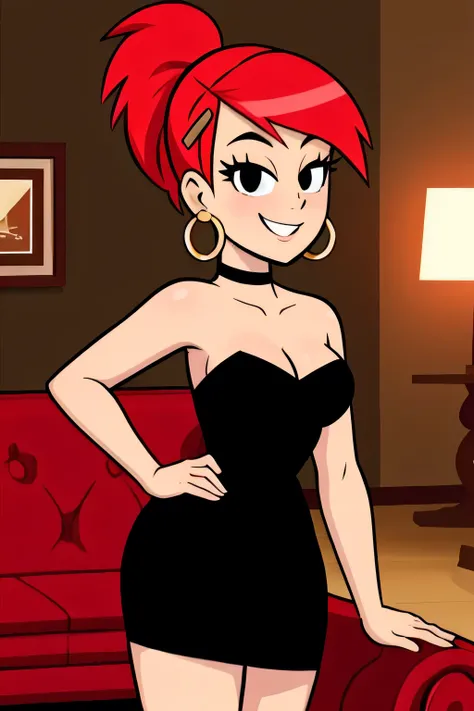 frankie foster, FostersStyle, (black pupils), red hair, strapless, black eyes, black dress, gold hoop earrings, sexy posing, hair clip, standing, medium breasts, ponytail, seductive smile, cowboy shot, indoor room, sofa
