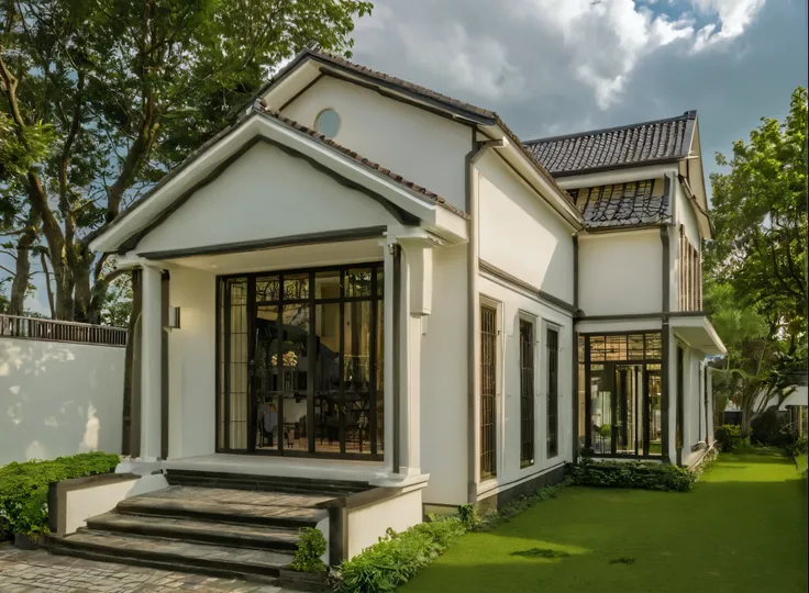 Raw photo,Masterpiece, high quality, best quality, authentic, super detail,
exterior, outdoors, house style indochine on the street ,aiaigroup
road,pavement, grass, trees, sky, cloud, (day:1.1)