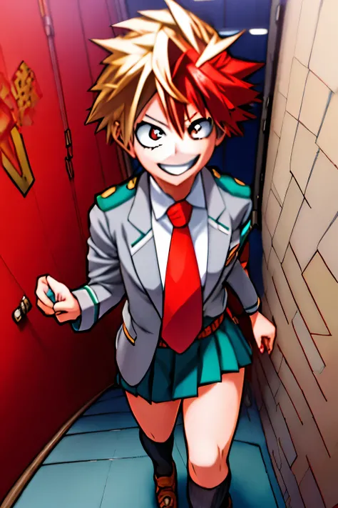 Screenshot anime My Hero academia season 4. A woman with Keigo Takami, blonde hair, and half brunette skin, man cut hair like shoto, brown eyes, wear grey blazer with red tie and green skirt, she’s smiling, from a point of view up, background a hallway